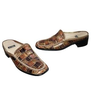 Stuart Weitzman Brown Black Tortoiseshell Leather Mules 7AA Narrow Office preppy